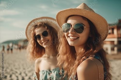 girlfriends on the beach, young teenager or young adult women travel together enjoying beach vacation, fictional place. Generative AI © wetzkaz