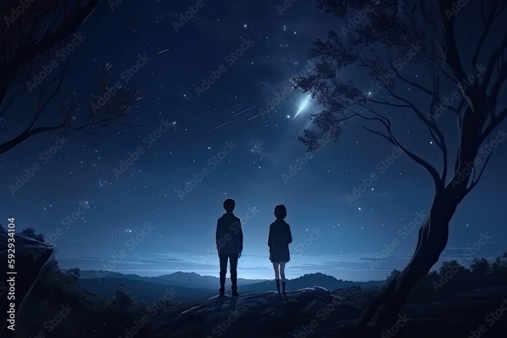 Young couple looking at the night sky, mysterious light, anime, fantasy - generative ai Young couple looking at the night sky, mysterious light, anime, fantasy - generative ai