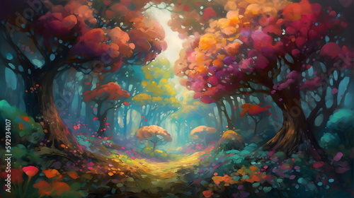絵画調の虹色の森林 No.001 | Rainbow forest in pictorial style Generative AI