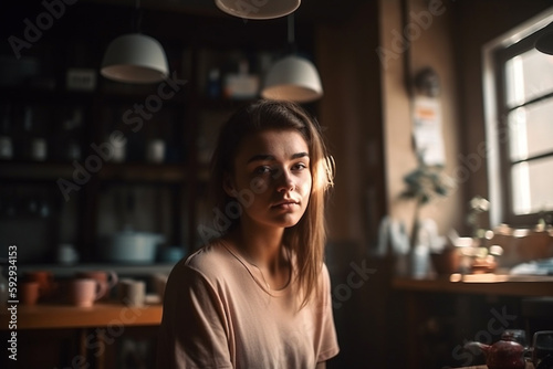 young adult woman at home in the kitchen in daylight in the morning or early evening. Generative AI