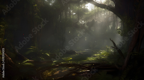                      Morning sun in the primeval forest Generative AI