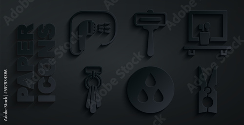 Set Water drop, Washbasin mirror, Towel on hanger, Clothes pin, Shaving razor and Shower icon. Vector