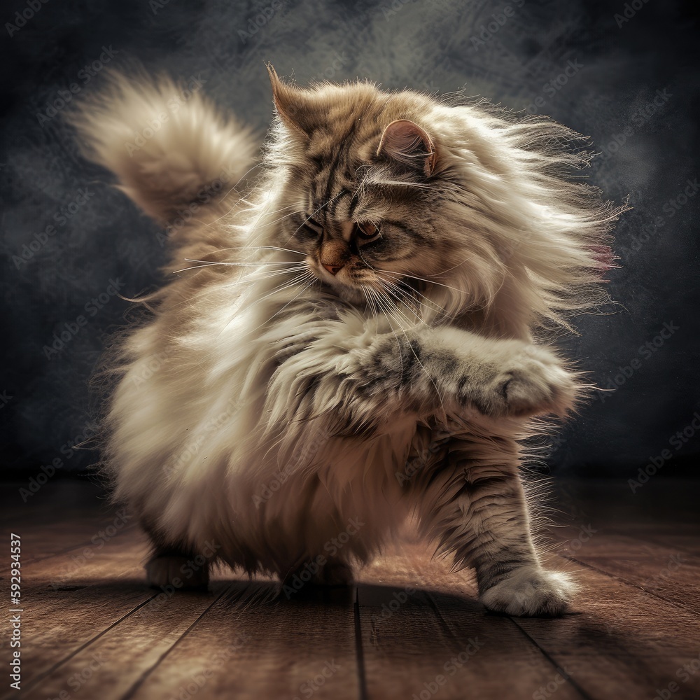 Fluffy cat with fur, accurately proportioned limbs, and vivid break dancing movements