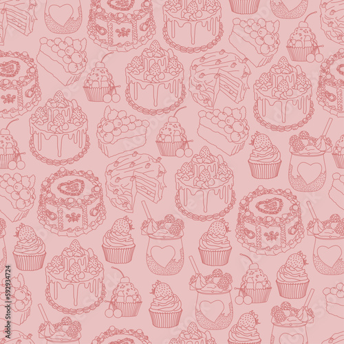 This is a pattern featuring various types of baked goods such as cakes, pies, tarts, and muffins arranged in a vector format. The bakery items are hand-drawn and have a sketchy style.
