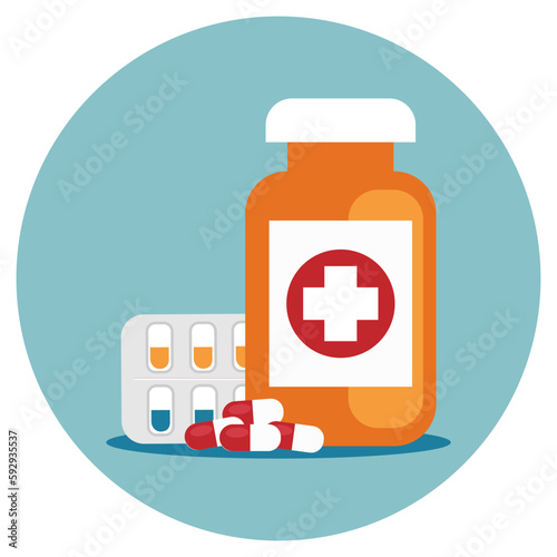 Pharmaceutical pill and medicine bottle. Pharmacy treatment, health pill, medication vitamin and tablet, vector illustration