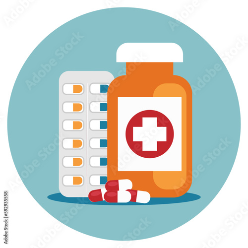 Pharmaceutical pill and medicine bottle. Pharmacy treatment, health pill, medication vitamin and tablet, vector illustration