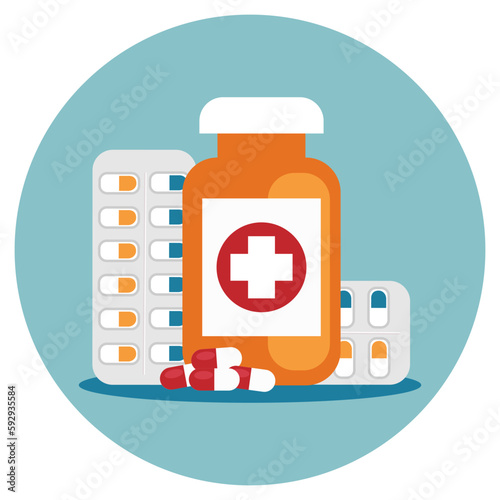 Pharmaceutical pill and medicine bottle. Pharmacy treatment, health pill, medication vitamin and tablet, vector illustration