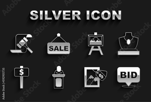 Set Auction auctioneer sells, jewelry sale, Bid, painting, Hand holding paddle, hammer and Price tag with Sale icon. Vector