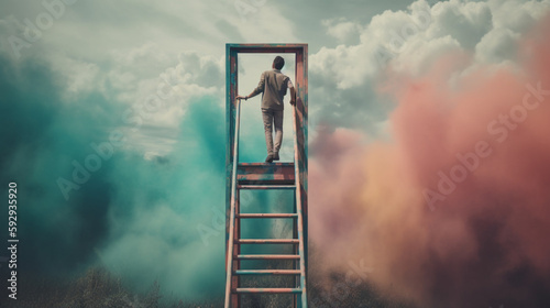Businessman standing on a ladder and looking at the sky with clouds Generative AI