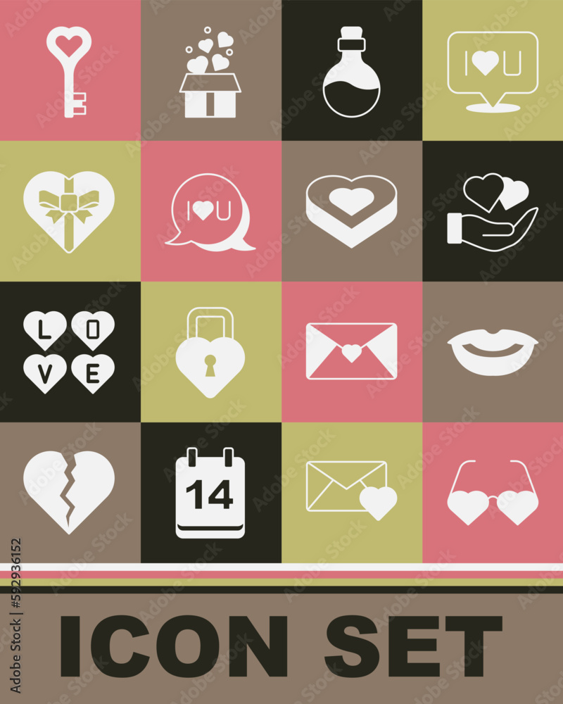 Set Heart shaped love glasses, Smiling lips, hand, Bottle with potion, Speech bubble text I you, Candy heart box, Key and icon. Vector Set Heart shaped love glasses, Smiling lips, hand, Bottle with potion, Speech bubble text I you, Candy heart box, Key and icon. Vector