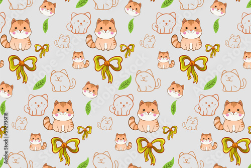 Cute Kawaii Cats or kittens in funny poses vector seamless pattern. Funny cartoon fat cats for print or sticker design. 