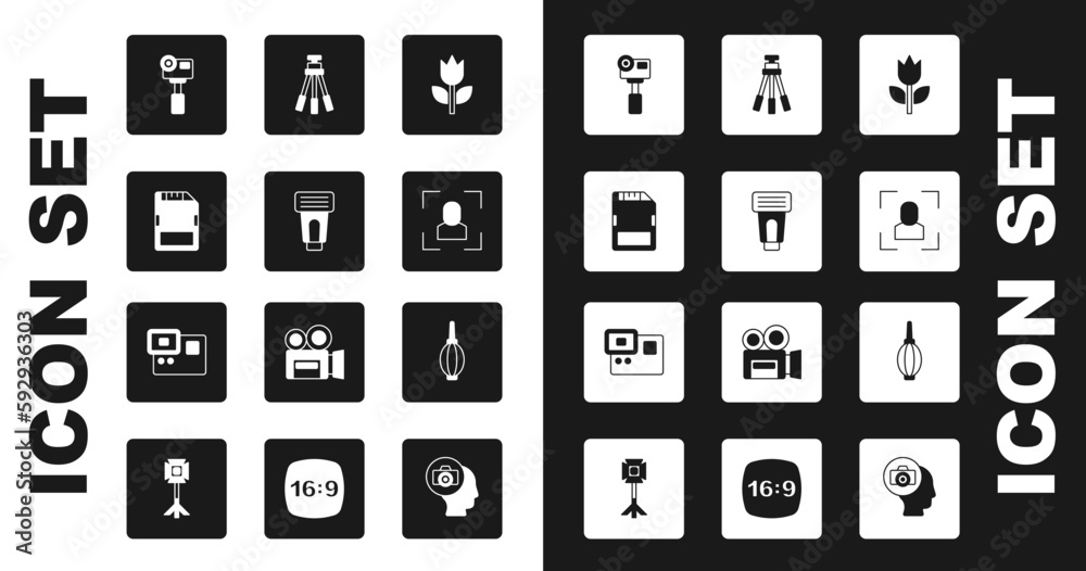 Set Photo mode macro, camera flash, SD card, Action extreme, Camera focus frame line, Tripod, Dust blower and icon. Vector Set Photo mode macro, camera flash, SD card, Action extreme, Camera focus frame line, Tripod, Dust blower and icon. Vector