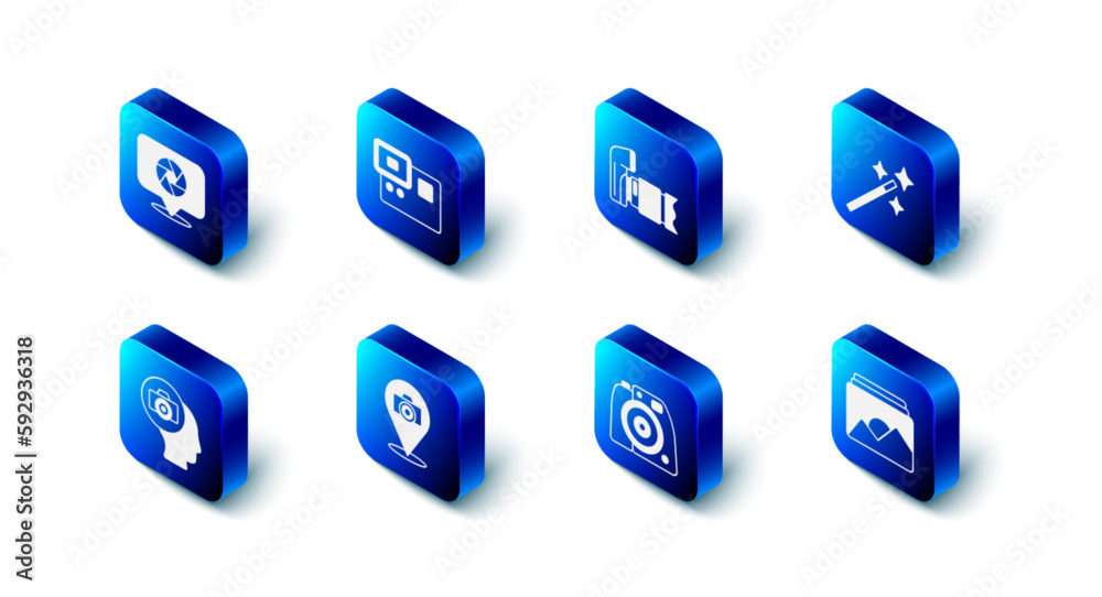Set Action extreme camera, Photo, retouching, frame, and Camera shutter icon. Vector