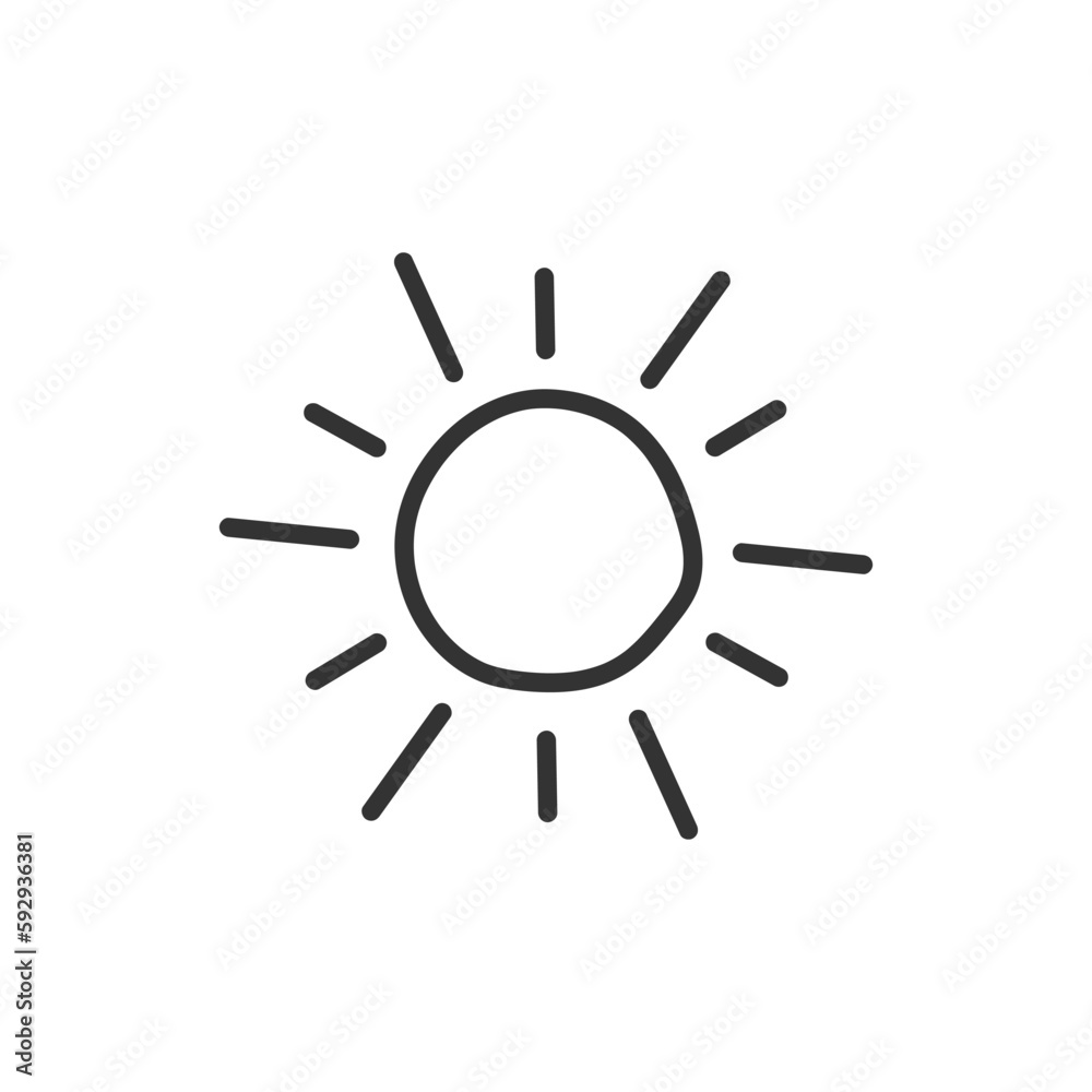 Sun hand drawn icon. Sun line icon. Sunshine vector sign. Sunny symbol. Weather forecast sun sign design. Sunlight with ray pictogram. UX UI icon