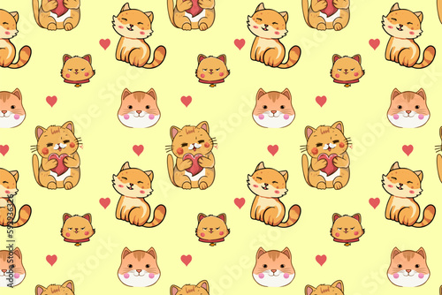 Fototapeta Naklejka Na Ścianę i Meble -  Cute Kawaii Cats or kittens in funny poses vector seamless pattern. Funny cartoon fat cats for print or sticker design. 