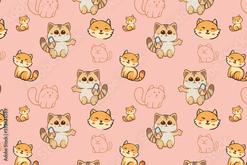 Cute Kawaii Cats or kittens in funny poses vector seamless pattern. Funny cartoon fat cats for print or sticker design. 