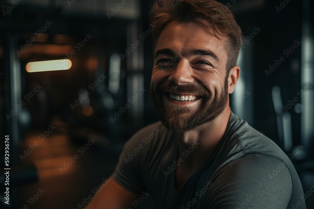 young adult man rejoices and is happy, in gym or at home gym. Generative AI young adult man rejoices and is happy, in gym or at home gym. Generative AI