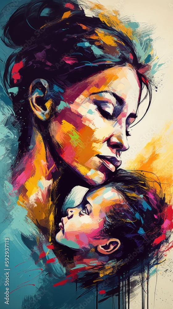 Mother's day painting of mother and baby. generative Ai