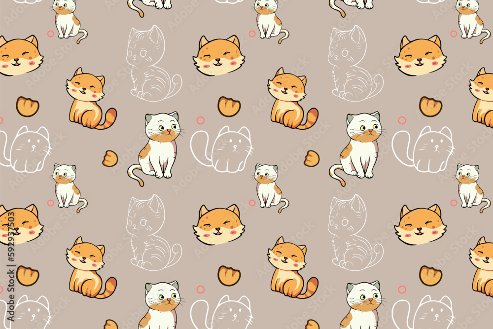 Cute Kawaii Cats or kittens in funny poses vector seamless pattern. Funny cartoon fat cats for print or sticker design. 