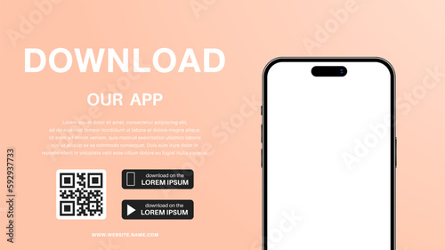 Download our app advertising banner, template. Phone mockup with empty screen for your app, text. Vector EPS 10