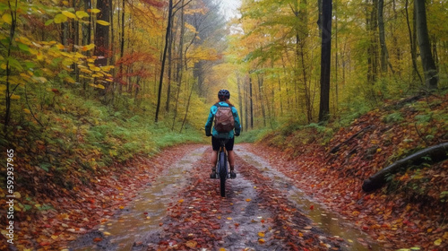 Cyclist riding a bicycle in the autumn forest. Sport and recreation. Generative AI