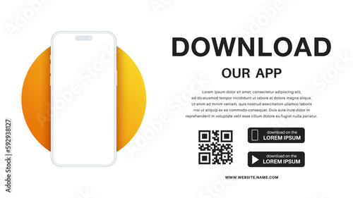Download our app advertising banner, template. Phone mockup with empty screen for your app, text. Vector EPS 10