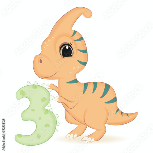 Cute Dinosaur with number 3, Primeval animal cartoon illustration