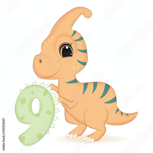 Cute Dinosaur with number 9  Primeval animal cartoon illustration