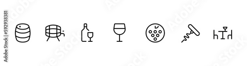 Wine related icon vector set design with Editable Stroke. Line, Solid, Flat Line, thin style and Suitable for Web Page, Mobile App, UI, UX design.