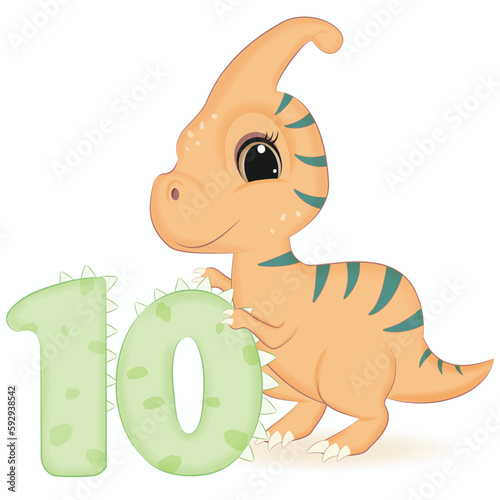 Cute Dinosaur with number 10, Primeval animal cartoon illustration