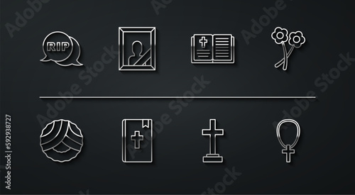 Set line Speech bubble rip death, Memorial wreath, Flower, Grave with cross, Holy bible book, Mourning photo frame, Christian on chain and icon. Vector