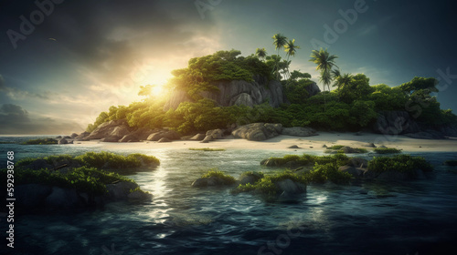 Big and beautiful tropical island in the ocean during sunset © Oleksiy R.