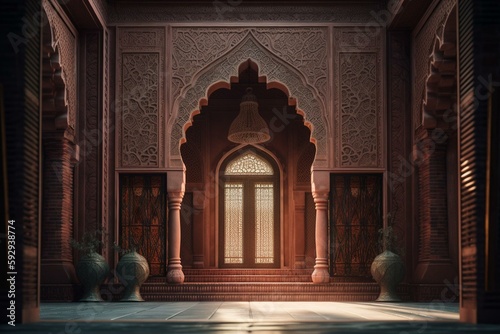 oriental style Islamic windows and arches,Mosque gate.Arabian muslim shape arch,3d illustration. Generative AI