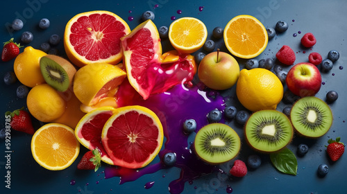 fruits and berries on a blue background with splashes of water Generative AI