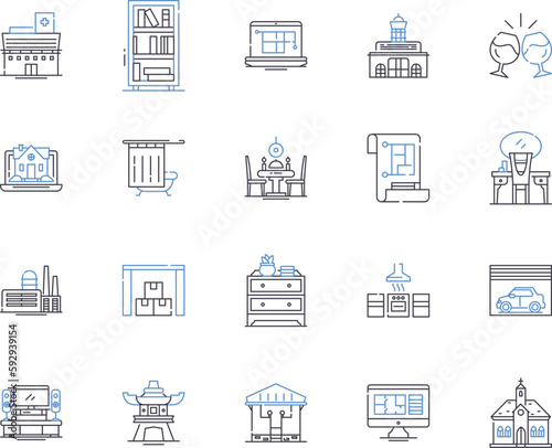 Remodeling and renovation outline icons collection. Remodelling, Renovation, Refurbishment, Reconstruction, Redesign, Restoration, Updating vector and illustration concept set. Modernizing