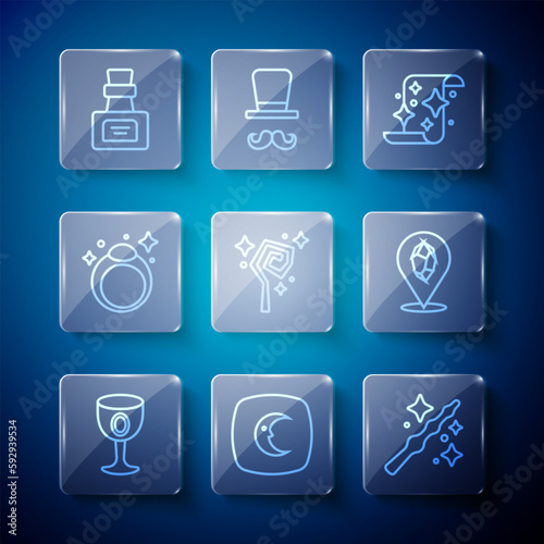 Set line Medieval goblet, Moon and stars, Magic wand, scroll, staff, stone ring, Bottle with potion and icon. Vector