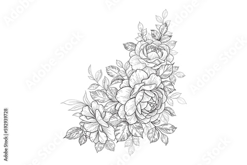 flowers spring art design graphics Vector line art monochrome elegant floral composition in vintage style  tattoo design  coloring page  wedding decoration