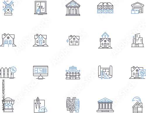 Urban design outline icons collection. Urban, Design, Streetscape, Planning, Landscape, Architecture, Infrastructure vector and illustration concept set. Facade, Community, Civic linear signs