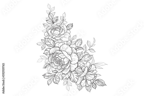 flowers spring art design graphics Vector line art monochrome elegant floral composition in vintage style, tattoo design, coloring page, wedding decoration