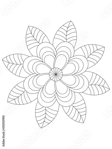  Flowers  Leaves Coloring page Adult.Contour drawing of a mandala on a white background.  Vector illustration