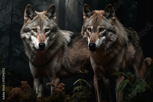 Doppelbelichtung von einer Wolf und seinen lebensraum den Wald isoliert auf weißen Hintergrund mit Platzhalter - Generative Ai