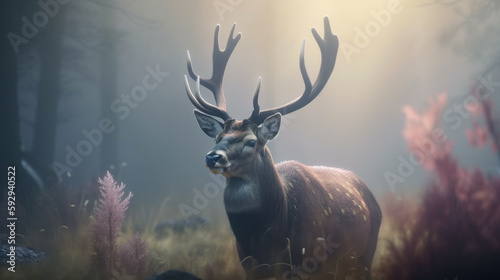 Portrait of majestic powerful adult red deer stag in Autumn Fall forest © Witri