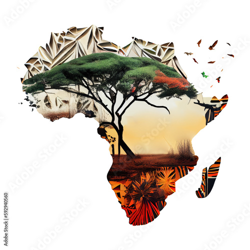 Concept travel of silhouette map Africa 3d icon ethnic pattern isolated Transparent background png. Generative ai photo