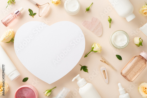 Get your skin care branding noticed with this stunning top view flat lay featuring serum bottles, rose petals, and an empty heart on a pastel beige background