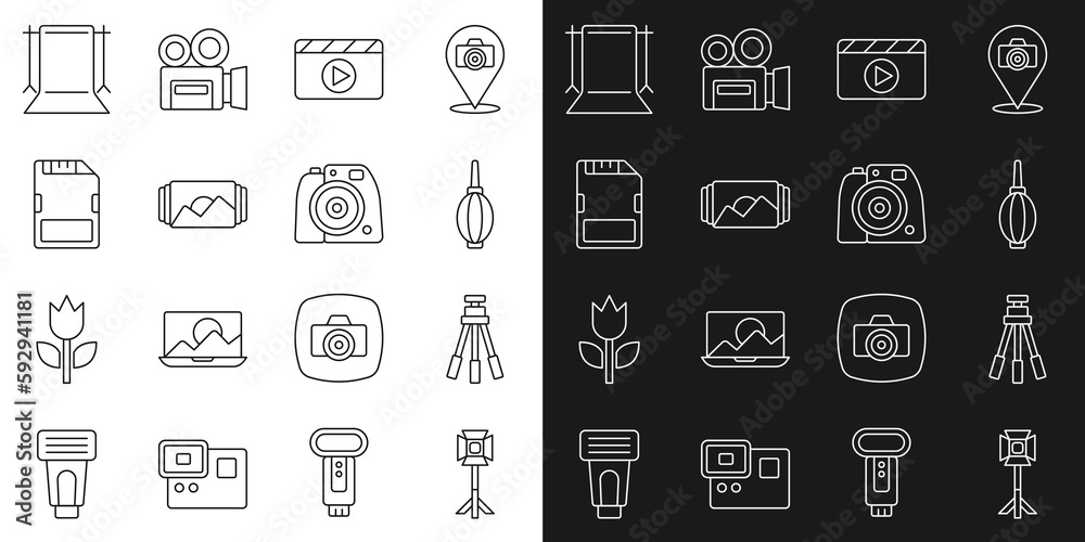 Set line Studio light bulb in softbox, Tripod, Dust blower, Movie clapper, Photo frame, SD card, Empty photo studio and camera icon. Vector