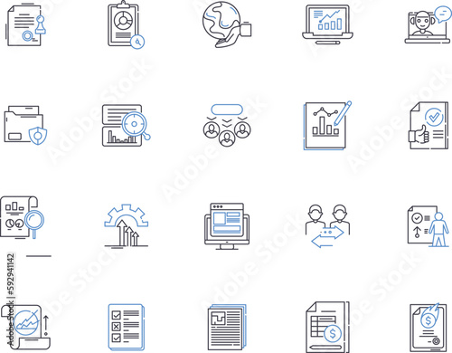 Survey and research outline icons collection. Surveying, Researching, Questioning, Examining, Investigating, Analysis, Analyzing vector and illustration concept set. Polling, Probing, Measuring linear