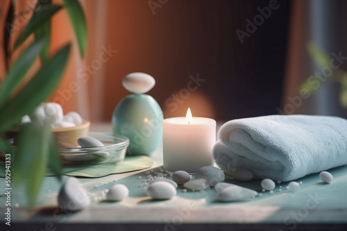 Spa concept with stones and candles. Super photo realistic background  generative ai illustration