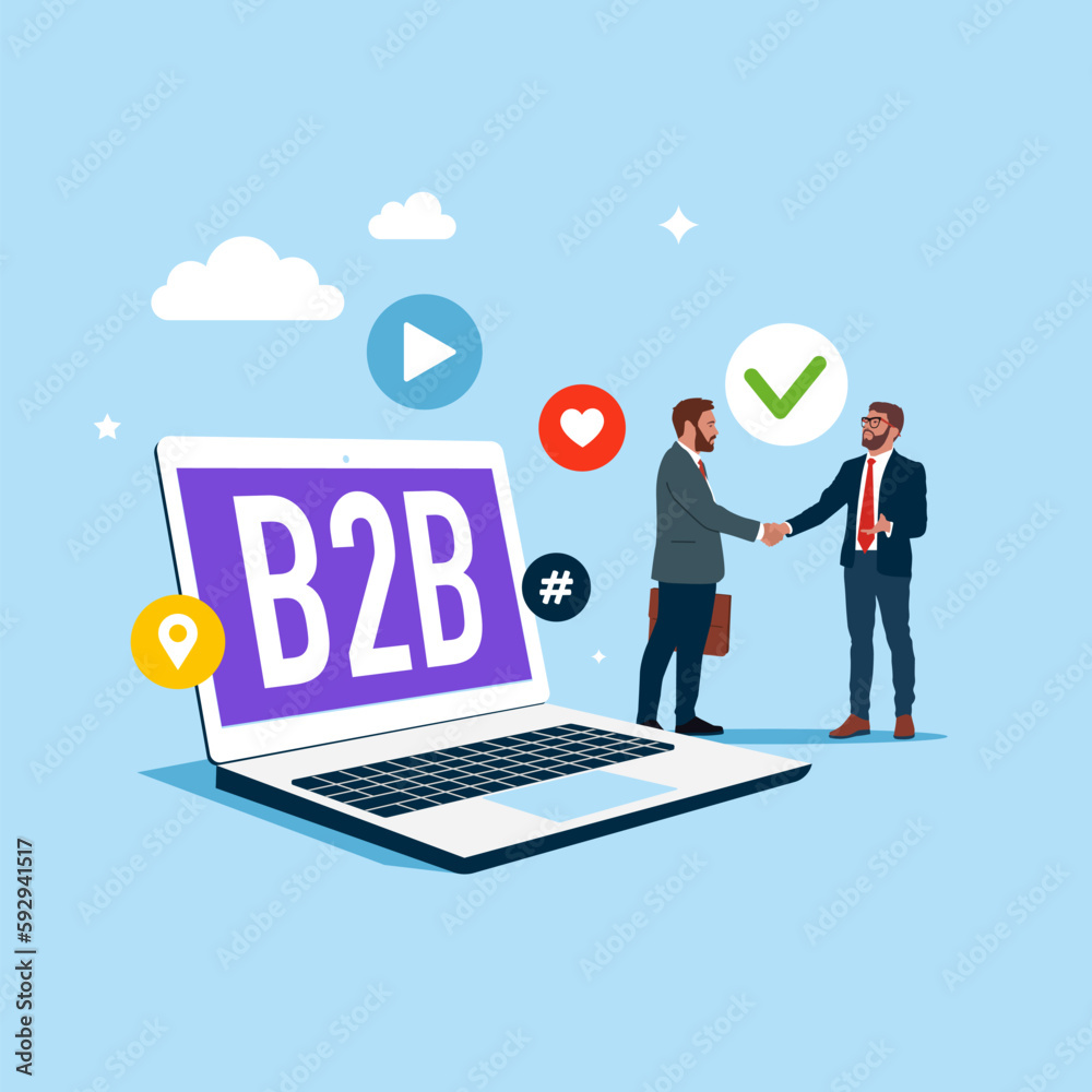Business to business online. Business people enter into agreement. Successful business collaboration. Marketing, strategy, commerce. Flat vector illustration Business to business online. Business people enter into agreement. Successful business collaboration. Marketing, strategy, commerce. Flat vector illustration