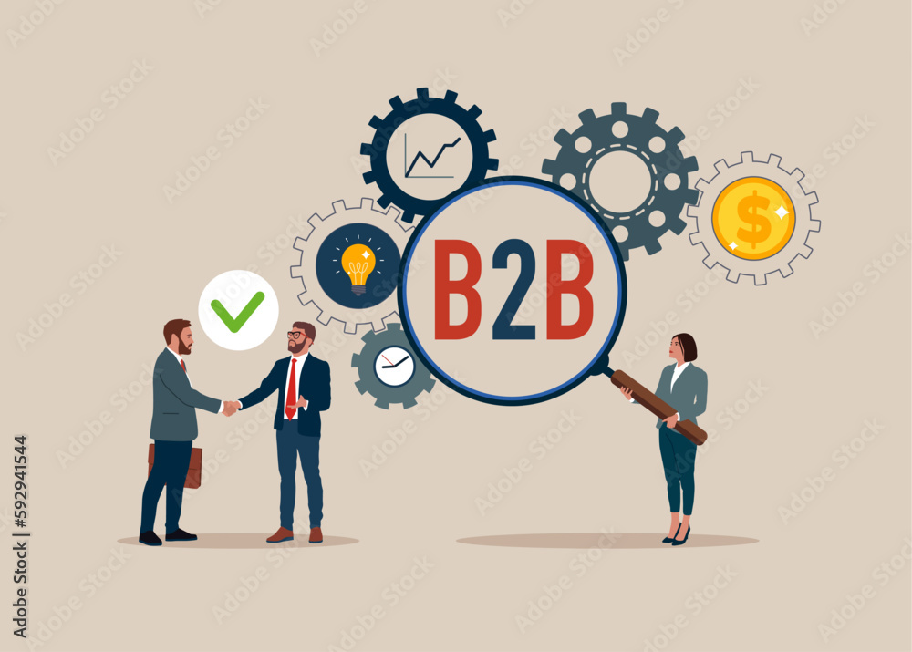 Business people with magnifier B2B from cog gear production. Shaking hands after set strategy. Sales and commerce for agreed transaction, better profit. Vector illustration Business people with magnifier B2B from cog gear production. Shaking hands after set strategy. Sales and commerce for agreed transaction, better profit. Vector illustration