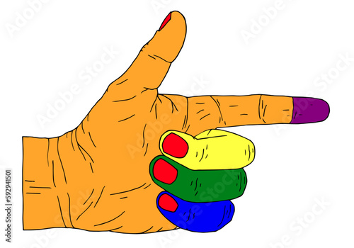 The hand in LGBT colors indicates the direction from left to right. Freehand drawing. Doodle. Hand Drawn. Outline.	